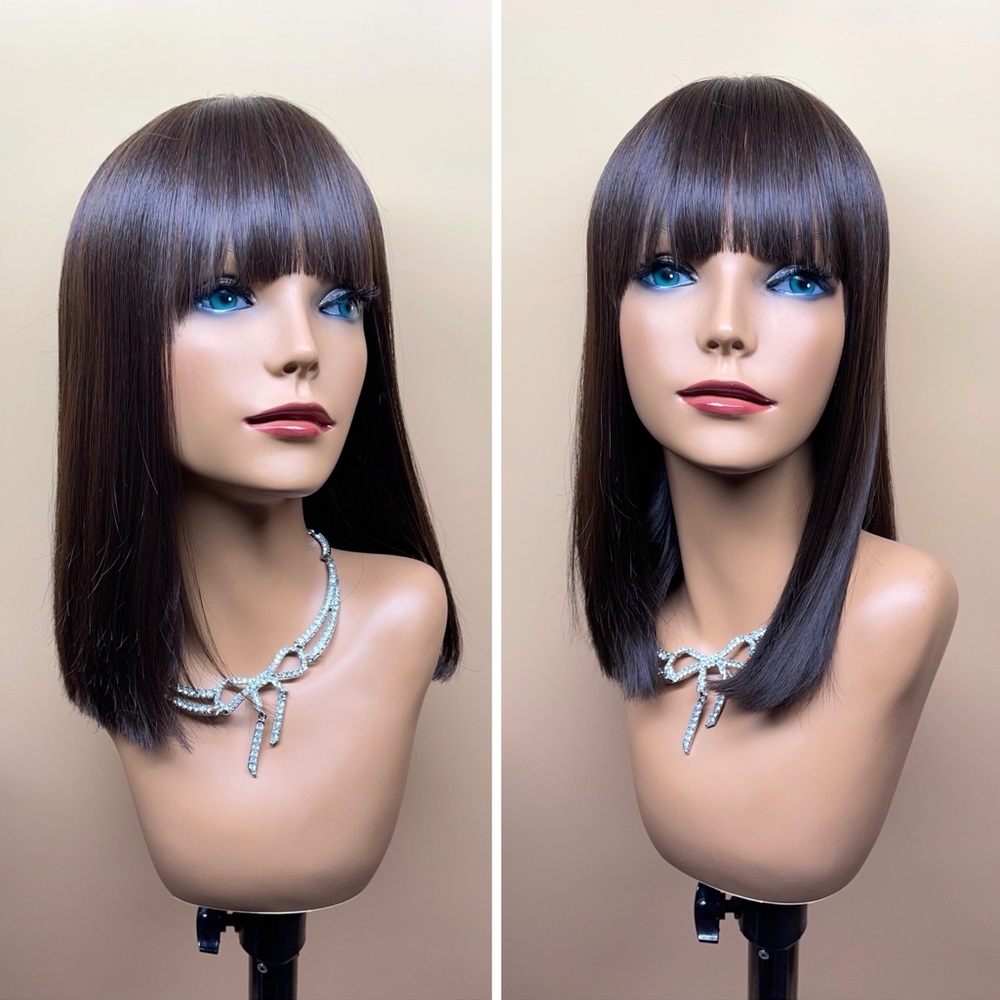 16” dark brown straight bangs shoulder length synthetic wig